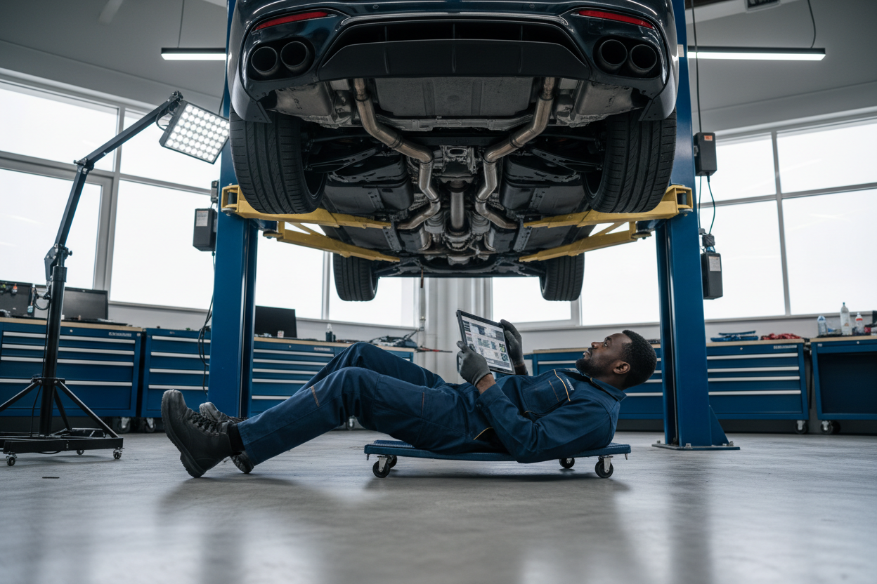 A video with different shots of someone repairing a car on a lift. 