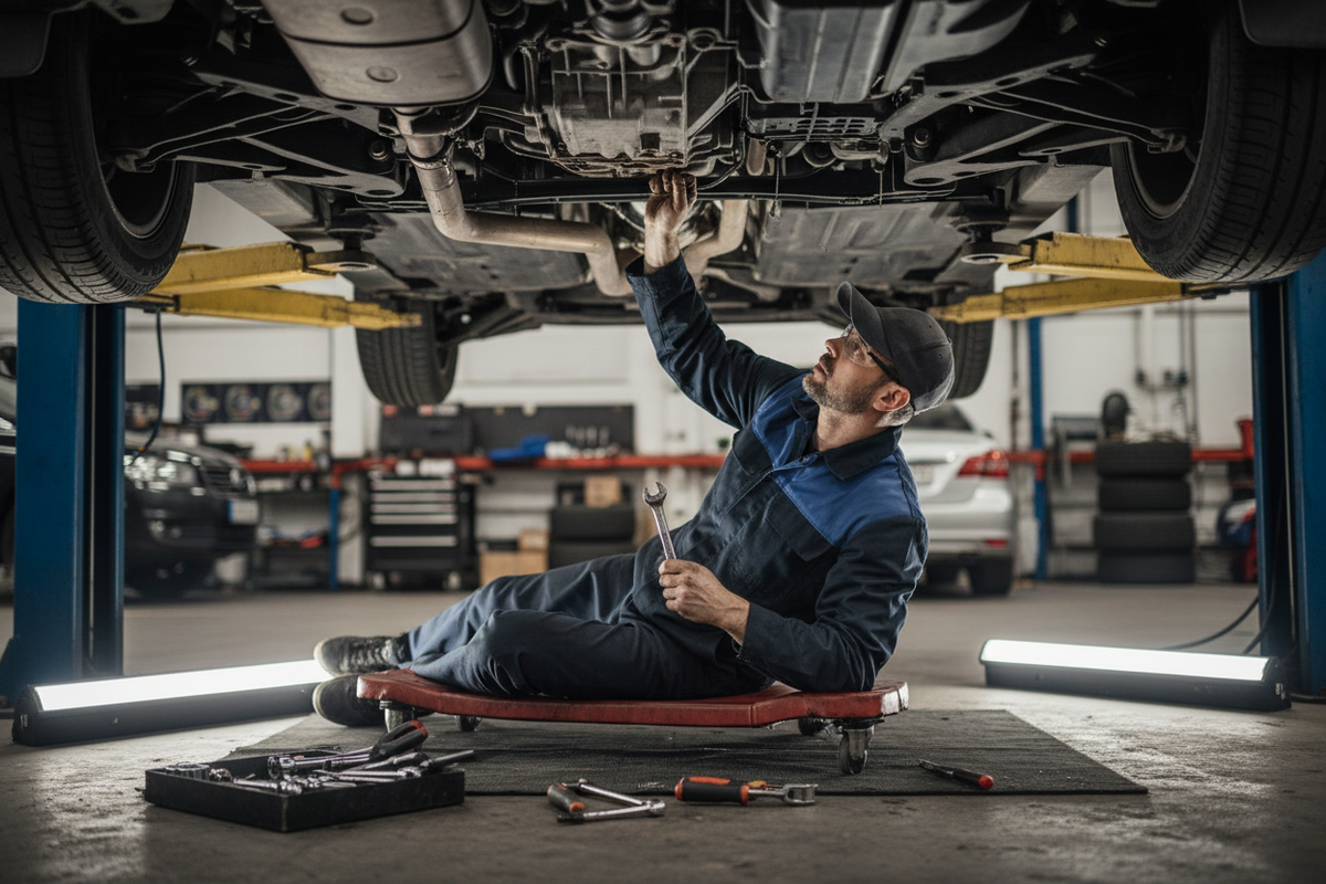 Someone underneath a car fixing it. 